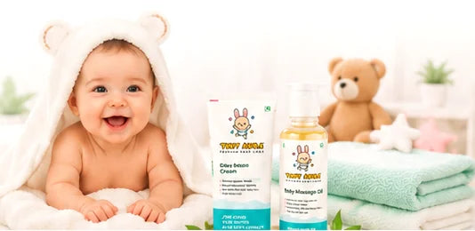 Happy baby with Tiny Aura products