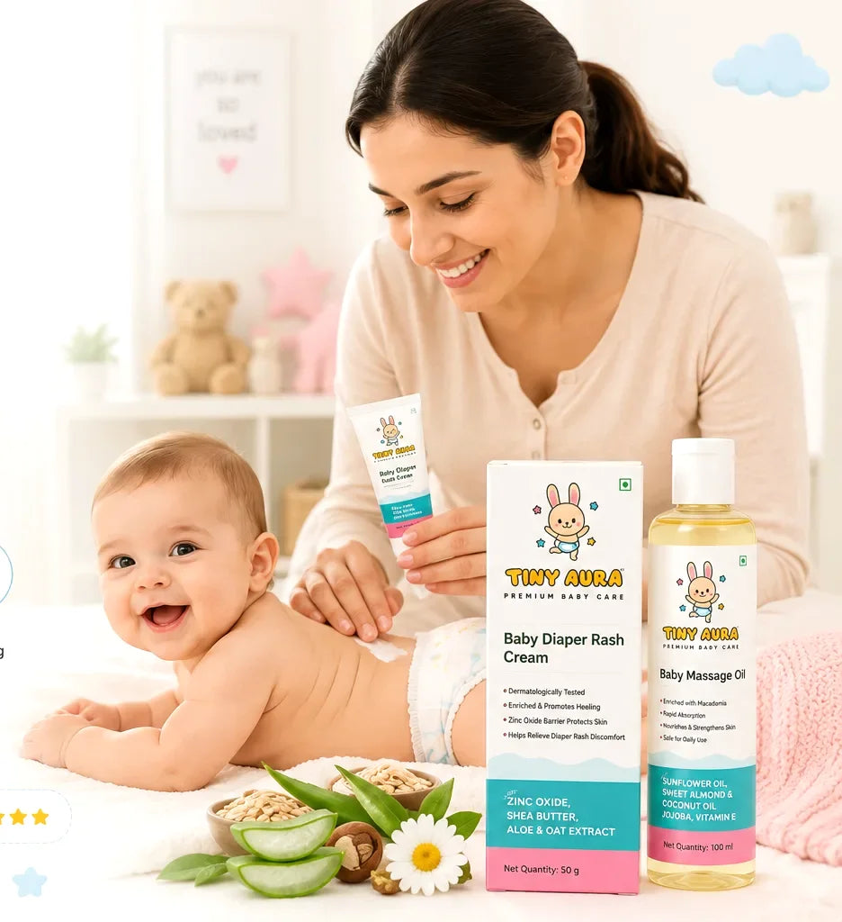 Mother applying Tiny Aura baby cream on a smiling baby